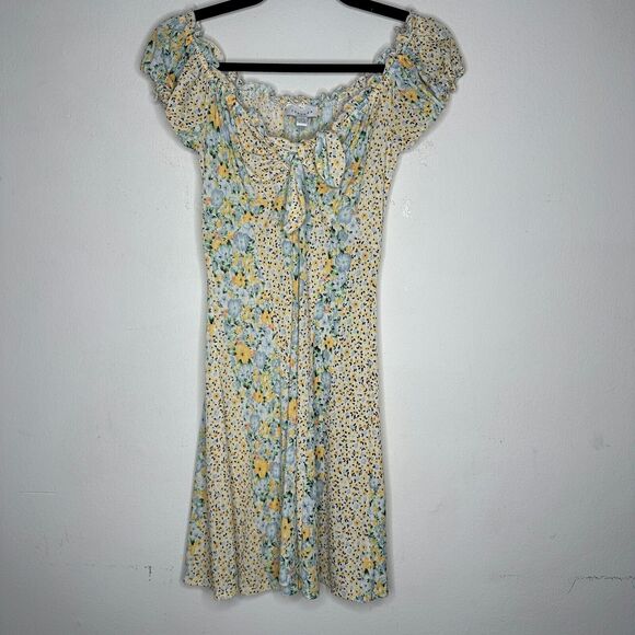 Topshop Cute Yellow Multi Color Ditsy Floral Off Shoulder Mini Puff Sleeve 4 - Picture 4 of 15
